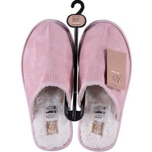 Roze instap sloffen/pantoffels met bont voor dames - Roze slippers voor dames