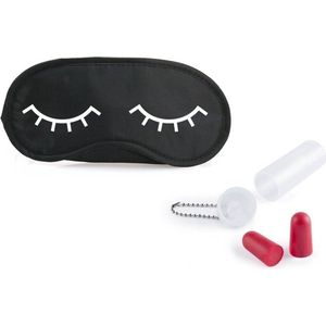 Slaapmasker met slapende oogjes zwart/wit inclusief rood oordopjes - one size - slaapmaskertje / oogmasker