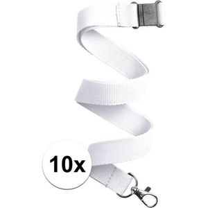 Keycord/lanyard koord - 10x - wit - met sleutelhanger - 50 cm
