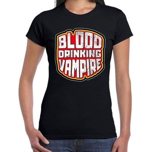 Halloween blood drinking vampire / bloed drinkende vampier verkleed t-shirt zwart voor dames - horror shirt / kleding / kostuum M