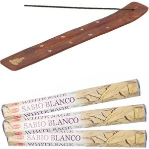 60x Witte salie geurstokjes/wierookstokjes met houten houder Boedha