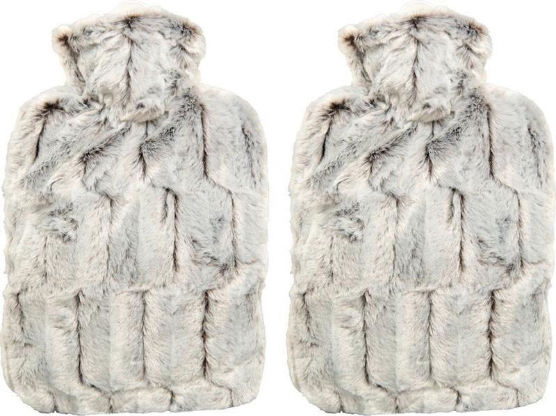 2x Warmwaterkruik Bruin/Grijs Pluche Dierenvacht 1,8 Liter