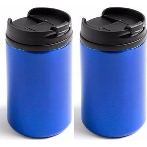 2x Warmhoudbekers/warm houd bekers metallic blauw 320 ml - RVS Isoleerbekers/thermosbekers voor onderweg