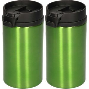 2x Warmhoudbekers metallic/warm houd bekers groen 320 ml - RVS Isoleerbekers/thermosbekers voor onderweg