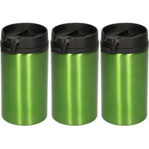 3x Warmhoudbekers metallic/warm houd bekers groen 320 ml - RVS Isoleerbekers/thermosbekers voor onderweg