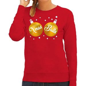 Foute kersttrui / sweater rood met gouden Xmas Balls borsten voor dames - kerstkleding / christmas outfit M