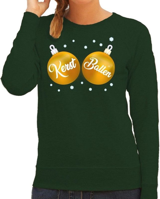 Foute kersttrui - sweater - groen - met gouden Kerst Ballen borsten - voor dames - kerstkleding / christmas outfit XS