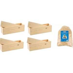 4x Houten wijnkist/wijndoosje met schuifdeksel en houtwol / vulmateriaal - Inpakartikelen