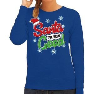 Foute kersttrui / sweater Santa I have been good blauw voor dames - kerstkleding / christmas outfit S