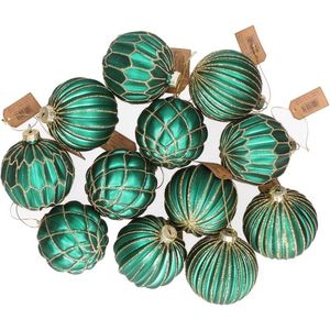 12x Groene glazen kerstballen met zilveren decoratie 8 cm - Kerstbal