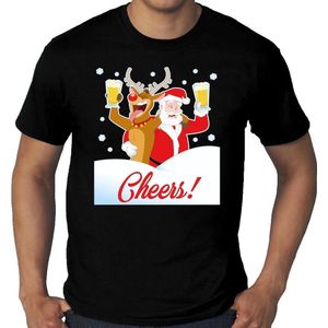 Bellatio Decorations - Fout Kerst T-shirt - Zwart - Katoen - Dronken Kerstman en Rudolf
