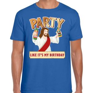 Fout kerst t-shirt blauw - party Jezus - Party like its my birthday voor heren - kerstkleding / christmas outfit