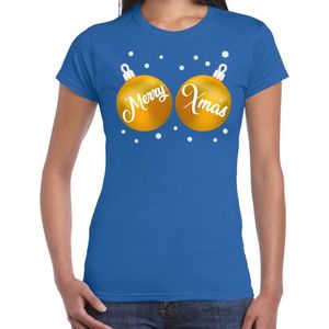 Fout kerst t-shirt blauw met gouden merry Xmas ballen borsten voor dames - kerstkleding / christmas outfit