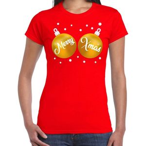 Fout kerst t-shirt rood met gouden merry Xmas ballen borsten voor dames - kerstkleding / christmas outfit XL