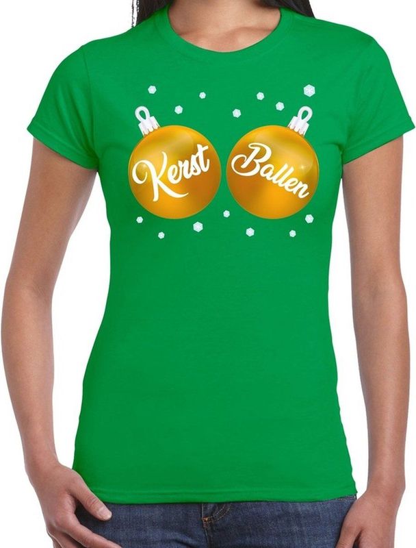 Fout kerst t-shirt groen met gouden kerst ballen borsten voor dames - kerstkleding / christmas outfit