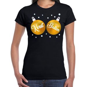 Fout kerst t-shirt zwart met gouden kerst ballen borsten voor dames - kerstkleding / christmas outfit