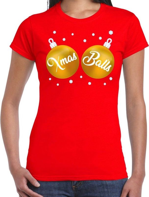 Fout kerst t-shirt rood met gouden Xmas balls borsten voor dames - kerstkleding christmas outfit