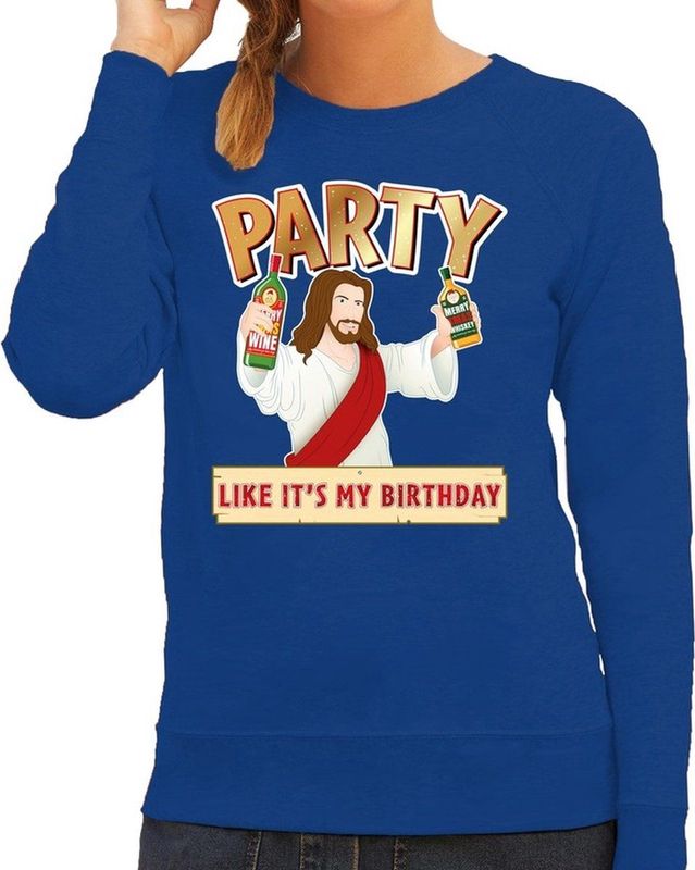Foute - Party Like It Is My Birthday - Sweater - Blauw - Dames - Kerstkleding