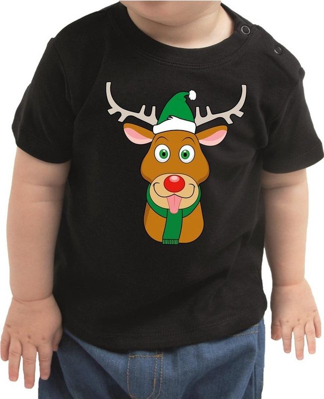 Kerst shirt t-shirt zwart met Rudolf het rendier voor baby kinderen - jongen meisje 62