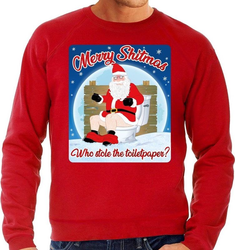 Foute Kersttrui - Merry Shitmas Who Stole The Toiletpaper - Rood - Katoen/Polyester