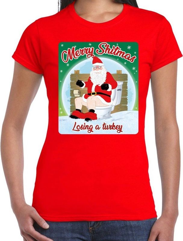 Bellatio Decorations - Fout Kerstshirt - Rood - Merry Shitmas Losing a Turkey