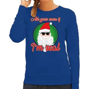 Foute Kersttrui / sweater - Ask your mom I am real - blauw voor dames - kerstkleding / kerst outfit 2XL