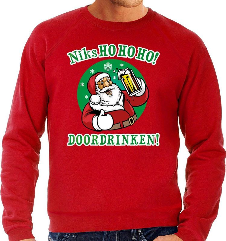 Foute Kersttrui / sweater - bier drinkende Santa - niks HO HO HO doordrinken - rood - voor heren S