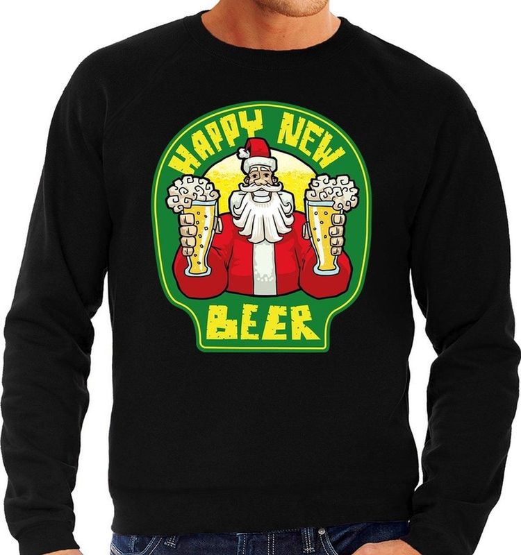 Zwarte foute kersttrui / sweater proostende Santa happy new beer voor heren - kerst truien