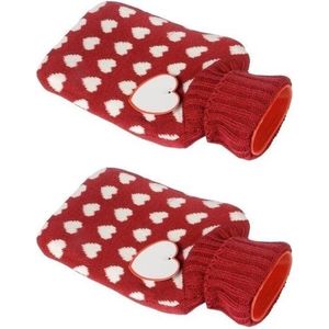 2x Rode kruiken met hartjes hoes 0,75 liter - Warmwaterkruiken met pluche hoes/kruikenzak - Valentijn cadeaus