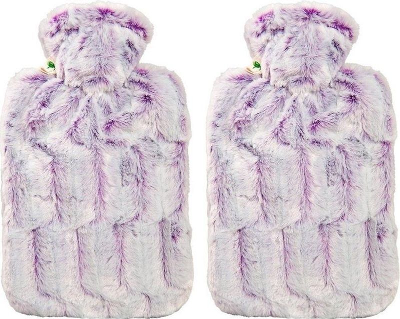 Warm water kruik met warme bont hoes - 2x - lila - 1800 ml - hoogpolig pluche - kinderen/volwassenen - cadeau