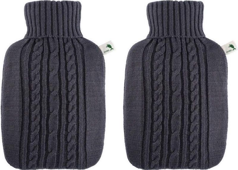 2x Gebreide kruiken donker grijs 1,8 liter met kabelpatroon - warmwaterkruik