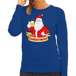 Foute kersttrui / sweater blauw Merry Christmas kerstman met een peul bier / biertje voor dames - kerstkleding / christmas outfit L