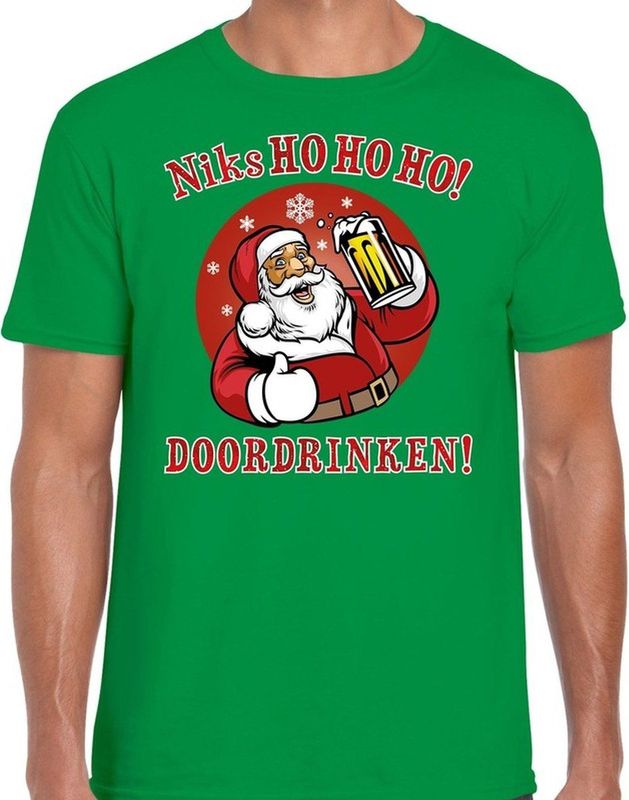 Fout Kerst t-shirt - bier drinkende kerstman - niks HO HO HO doordrinken - groen voor heren - kerstkleding / kerst outfit