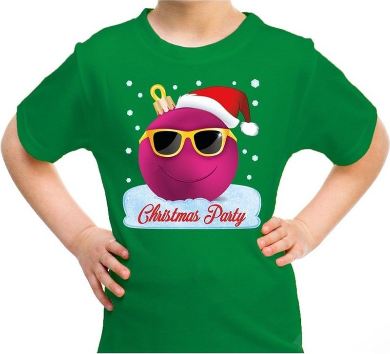 Bellatio Decorations - Fout Kerst Shirt - Groen - Roze Kerstbal - Voor Kinderen