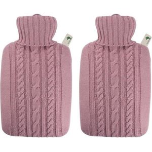 2x Luxe kruiken pastel roze met inhoud van 1,8 liter - Warmwaterkruiken met gebreide hoes/kruikenzak