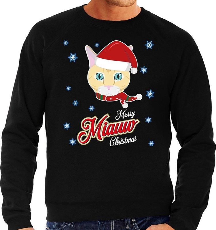 Foute Kersttrui - Merry Miauw Christmas - Zwart - Katoen / Polyester