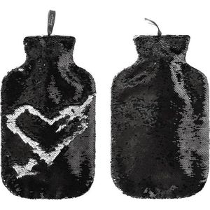 2x Zwarte/zilveren kruik met omkeerbare pailletten 2 liter - Kruiken - Glitter pailletten hoes - Warmwaterkruik met hoes/kruikenzak