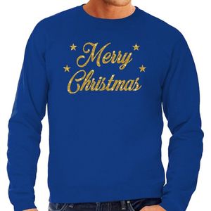 Blauwe foute kersttrui / sweater Merry Christmas gouden letters voor heren - kerst truien