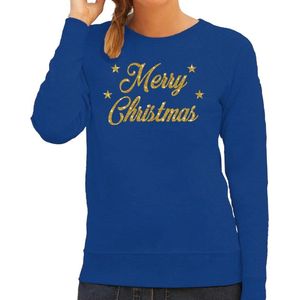 Blauwe foute kersttrui / sweater Merry Christmas gouden letters voor dames - kerst truien