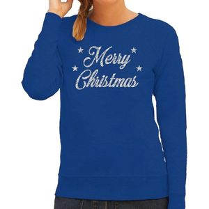 Blauwe foute kersttrui / sweater Merry Christmas zilveren letters voor dames - kerst truien