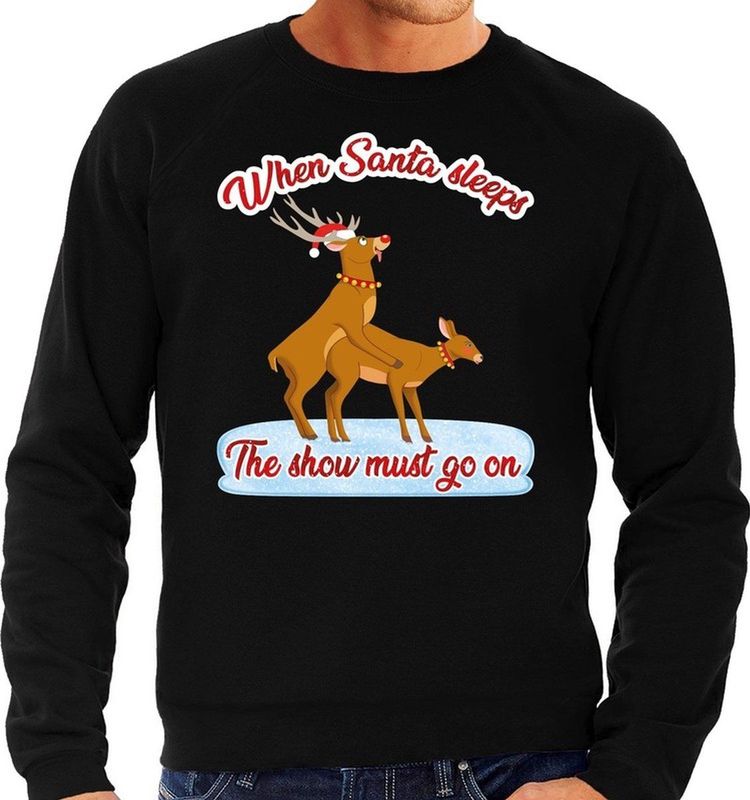 Foute kersttrui/sweater - seksende rendieren - the show must go on - zwart - voor heren S