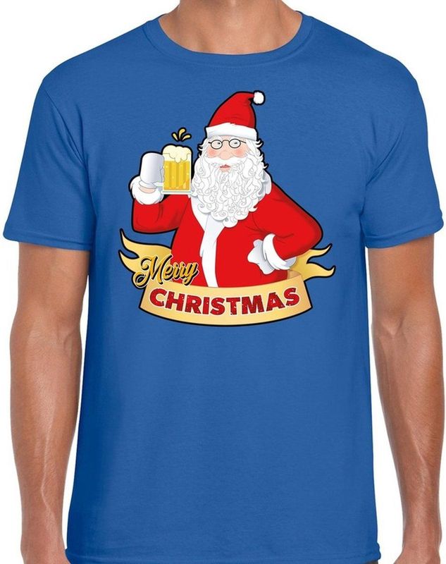Fout Kerst shirt t-shirt - Cheers bier Santa - blauw - heren - kerstkleding kerst outfit