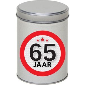 Cadeau/kado zilver rond blik 65 jaar 13 cm - Snoepblikken - Cadeauverpakking voor verjaardag