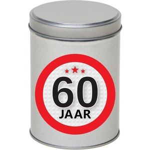 Cadeau/kado zilver rond blik 60 jaar 13 cm - Snoepblikken - Cadeauverpakking voor verjaardag