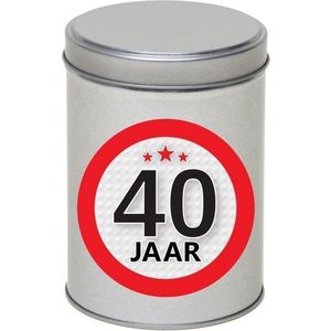 Cadeau/kado zilver rond blik 40 jaar 13 cm - Snoepblikken - Cadeauverpakking voor verjaardag