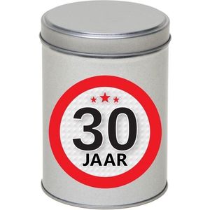Cadeau/kado zilver rond blik 30 jaar 13 cm - Snoepblikken - Cadeauverpakking voor verjaardag