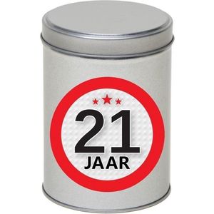 Cadeau/kado zilver rond blik 21 jaar 13 cm - Snoepblikken - Cadeauverpakking voor verjaardag