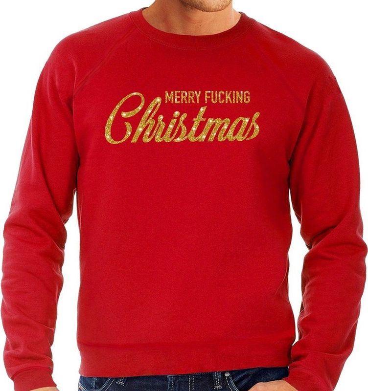 Foute Kersttrui - Merry Fucking Christmas - Goud / Glitter - Rood - Heren - Kerstkleding
