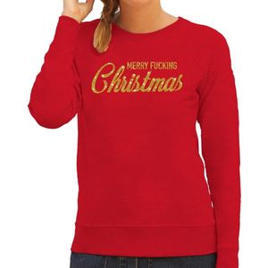 Foute Kersttrui / sweater - Merry Fucking Christmas - goud / glitter - rood - dames - kerstkleding / kerst outfit XS