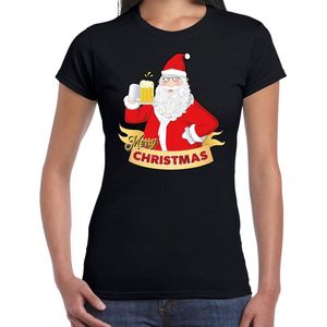 Fout kerstshirt t-shirt zwart santa met pul bier voor dames - kerstkleding christmas outfit